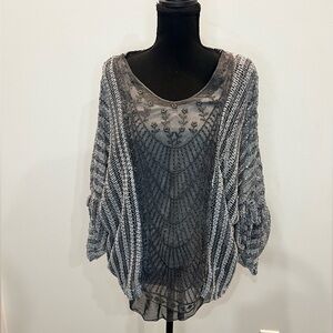 Belle France 3/4 Sleeve Open Knit‎ Top Women Size Large Gray Flowy Boho Ruffle
